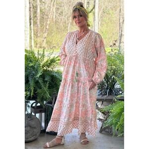 Jaded Gypsy Pink Floral Tiered Maxi Dress Tassel V Neck Long Sleeve S M